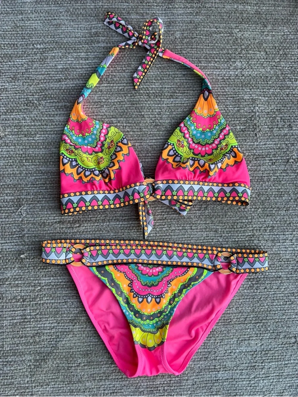 Vintage Y2K Victoria's Secret Neon Pink Multicolor Mandala Boho Bikini Set S/L - Picture 2 of 11